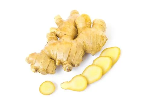 Fresh ginger slice on white background,raw material for cooking Stock Photos