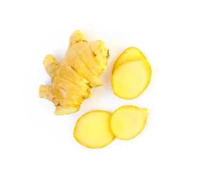 Fresh ginger slice on white background,raw material for cooking Stock Photos