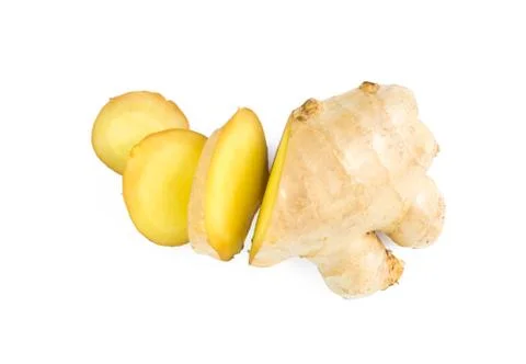 Fresh ginger slice on white background,raw material for cooking Stock Photos