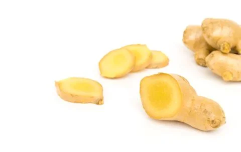 Fresh ginger slice on white background,raw material for cooking Stock Photos