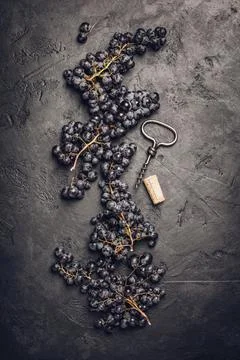 Fresh grape, cork and corkscrew on dark background Stock Photos