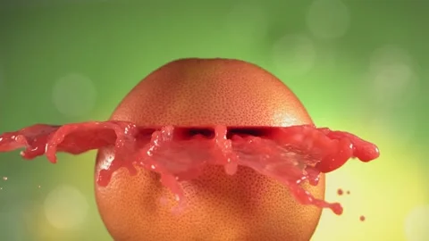 Fresh Grapefruit fruit squirting and burst with juice in slow motion in green Stock Footage 205601955