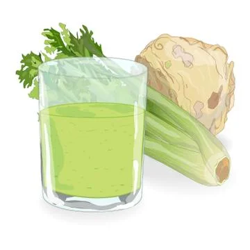 Fresh green and root celery and juice Stock Illustration