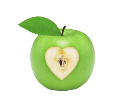 Fresh green apple with heart isolated on white Stock Photos
