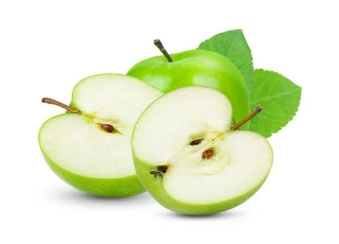 Fresh green apple with leaf Isolated on white background Stock Photos