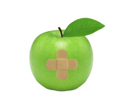 Fresh green apple with medical patch, isolated on white Stock Photos