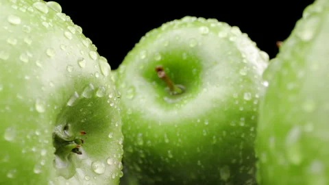 Fresh Green Apples Close-up Macro shot of Fruits and Water drops. Probe lens Stock Footage 149150762