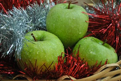 Fresh green apples in festive background Stock Photos
