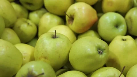 Fresh Green Apples Piled High in a Bright Market Produce Display Scene Stock-Footage 325215293