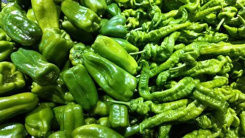 Fresh green bell peppers and hot chili peppers are displayed together, offering Stock Photos