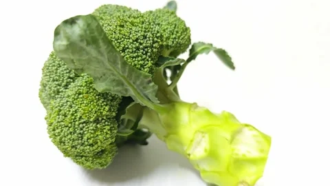 Fresh green broccoli crown with long stalk isolated on white background. 스톡 동영상 339331728