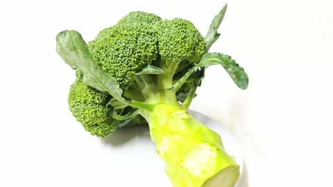 Fresh green broccoli crown with stalk isolated on white background. Stock Footage 339331579