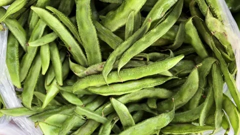 Fresh green cluster beans piled in plastic bag at local vegetable market Stock Footage 325298527