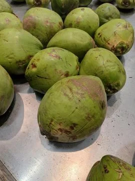 Fresh green coconuts on display Stock Photos