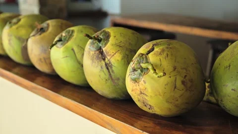 Fresh Green Coconuts Lined On Wooden Table In Tropical Street Food Setting Stock Footage 334619340