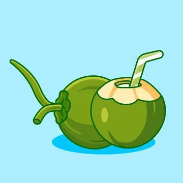 Fresh Green Coconuts with a Straw for a Refreshing Tropical Drink Stock Illustration
