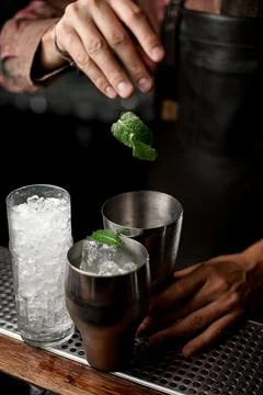 Fresh green crumpled leaves fall into shaker glass with ice cubes on bar counter Stock Photos
