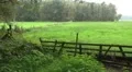 Fresh green farmland meadow with fence and wooden gate HD Footage