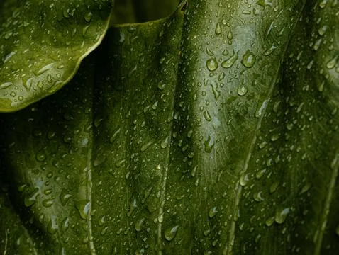 Fresh Green Leaf Covered with Rain Water Droplets, Close-Up Nature Texture .. Stock Photos
