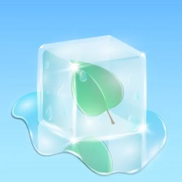A fresh green leaf frozen in a cube of ice. Creative and rich illustration .. Illustrazione stock