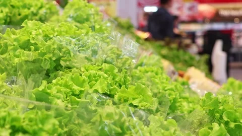 Fresh green leaf lettuce in plastic packaging at supermarket produce section Stock Footage 343507288