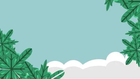 Fresh green leaves frame a soft blue sky with gentle white clouds, creating.. Stock Illustration