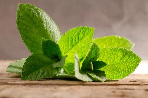Fresh green peppermint leaves on a rustic wooden background. Stock Photos