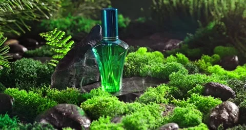 Fresh green perfume on moss in dark hazy forest. Stock-Footage 338310991