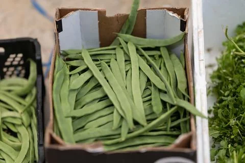 Fresh green string beans in a box at the market Stock Photos