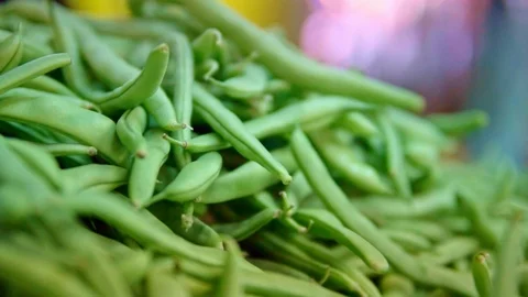Fresh Green String Peas on local Farmers Market Video stock 100597249