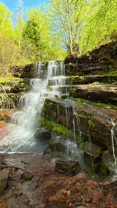 Fresh green trees frame a cascading waterfall. Tupavica, Vertical Vídeos de archivo 335947307