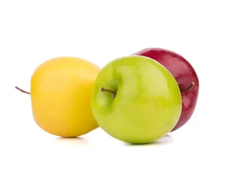 Fresh green, yellow, and red apples on white background Stock Photos