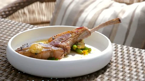 Fresh Grilled Lamb Steak on White Plate Stock Video Pond5