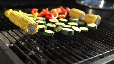 Fresh grilled vegetables on barbecue for dinner. Healthy food, summer, family Stock Footage 201567989