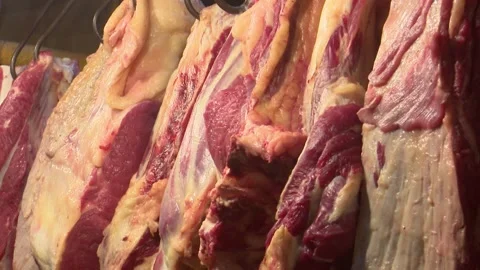 Fresh halal beef meat displayed in a butchers stall Stockbeeldmateriaal 320034761