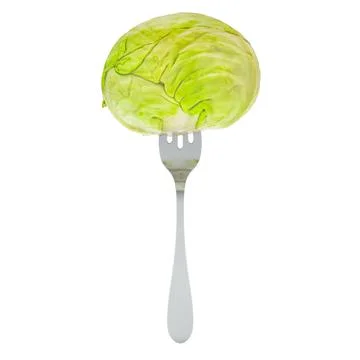 Fresh headed cabbage on fork, 3D rendering Stock Illustration