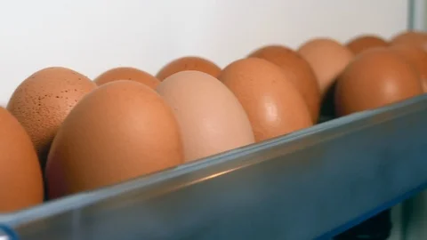 Fresh hens eggs stored inside the refrigerator, on the fridge door Stock Footage 108563130