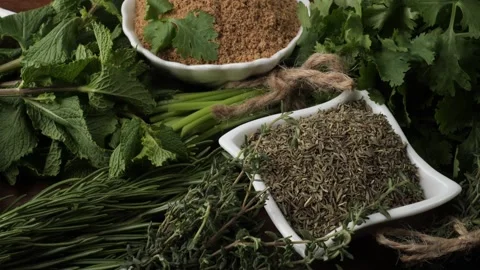 Fresh herbs and spices assortment dolly shot Stock Footage 344915512