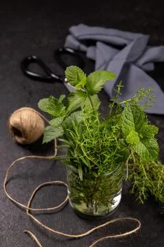 Fresh herbs bundle mint rosemary thyme cooking Stock Photos