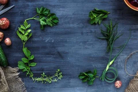 Fresh herbs frame on dark background, top view Stock Photos