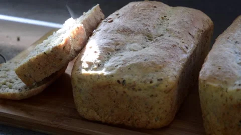 Fresh home made baked bread, whole grain organic food, hot steaming food Video stock 260276543