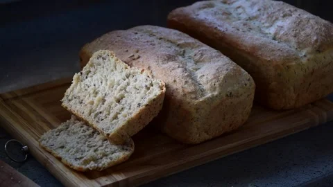 Fresh home made baked bread, whole grain organic food, hot steaming food Video stock 260276601