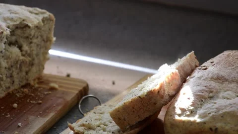 Fresh home made baked bread, whole grain organic food, hot steaming food Video stock 260276603