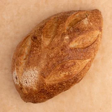 Fresh homemade bread on parchment background, top view Stock Photos