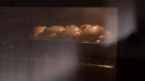 Fresh homemade bread rolls baking in warm oven Video stock 345878083
