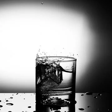Fresh ice cube falling to glass of water splash isolated Stock Photos