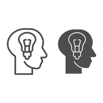 Fresh idea in mind line and solid icon. Head with light bulb, bright solution Stockillustratie
