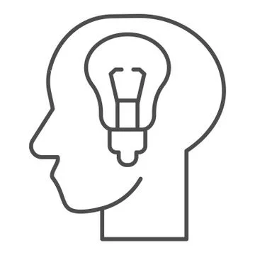 Fresh idea in mind thin line icon. Head with light bulb, bright solution lamp Stock Illustration