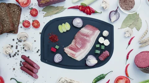 Fresh ingredients on plastic cutting board on wooden table Stock Footage 232520658