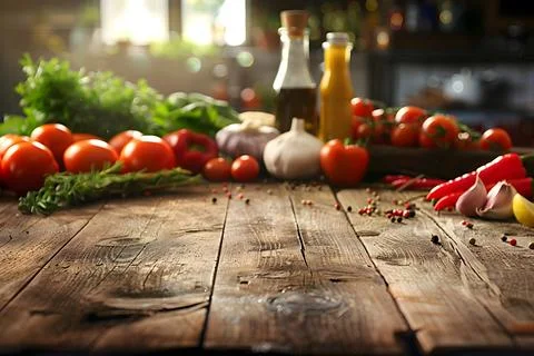 Fresh ingredients on rustic kitchen table Stock Photos